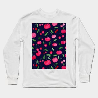 Watercolor cherries pattern - red, green on dark blue Long Sleeve T-Shirt